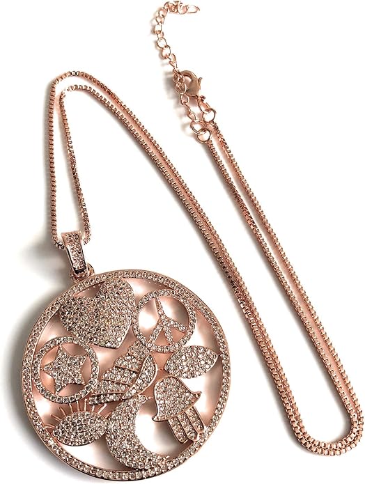 SIFRIMANIA Large Symbol Charm Necklace 18K Rose Gold Plated 18–20 Inch Adjustable Box Chain Round CZ Statement Pendant