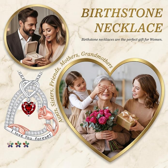Gifts for Mom 925 Sterling Silver Birthstone Necklace for Women, Heart & Rose Design Birthday Gifts for Mom Wife Her