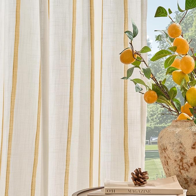 Vangao Striped Curtains Yellow on White Semi Sheer Curtains 63 Inches Long for Bedroom Living Room Modern Farmhouse Linen Textured Light Filtering Drapes 2 Panels Mustard Yellow W50 x L63 Inch