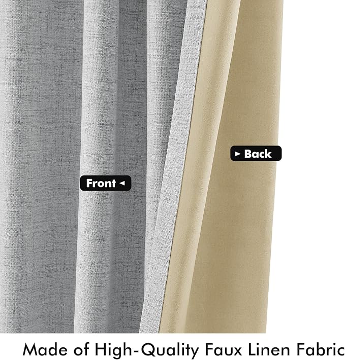 MIULEE 100% Blackout Linen Curtains for Bedroom 42 x 90 Inch Grey 2 Panels | Thermal Insulated, Room Darkening Drapes for Living Room, Back Tab Rod Pocket Pinch Pleated, Solid Luxury Decor