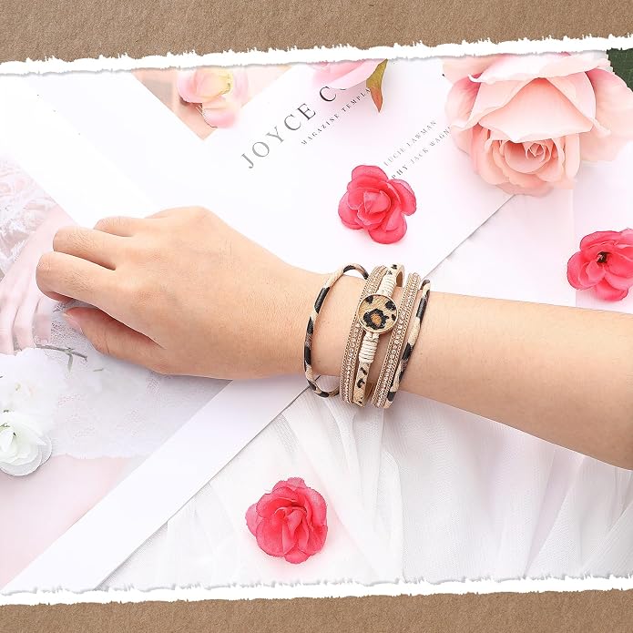 Yinkin 6 Pcs Boho PU Leather Wrap Bracelets for Women Stack Multi Layer Bohemian Cuff Bracelets trendy Jewelry Gifts