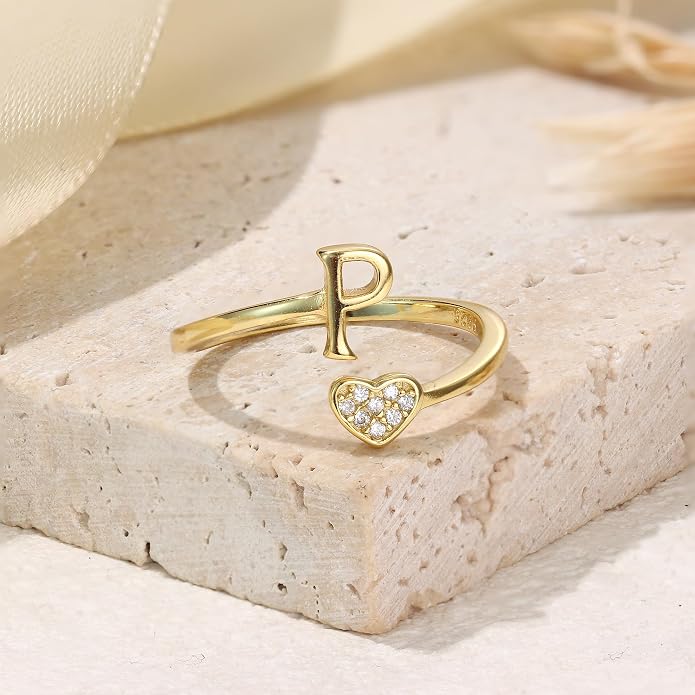 MILACOLATO 925 Sterling Silver Initial Rings for Women Teen Girl 18K Gold Plated Heart Initial Rings Adjustable Capital Letter Ring Stackable Thumb Pinky Rings for Daughter Birthday Bridesmaid Gifts Jewelry, A to Z