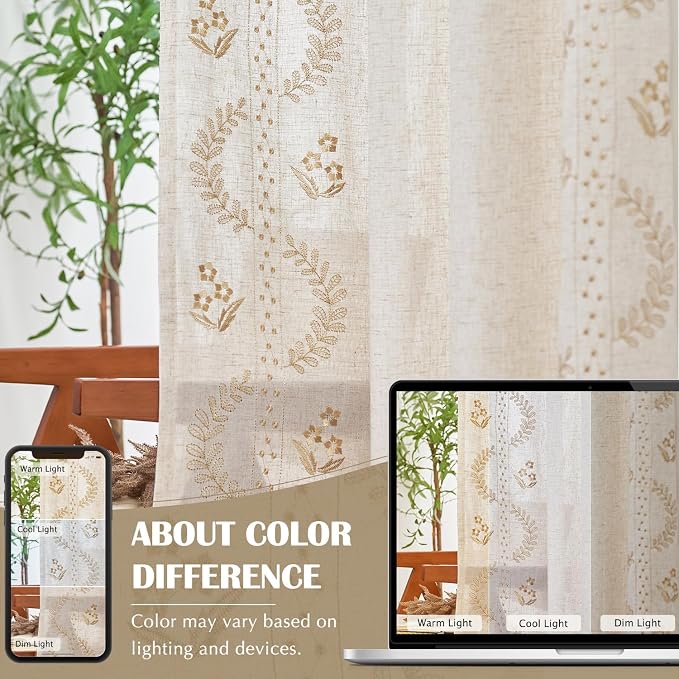 jinchan Floral Linen Curtains 63 Inch Farmhouse Back Tab 2 Panels Beige | Embroidered curtains,boho curtains,living room,bedroom,light filtering,privacy,flower patterned drapes,window treatment