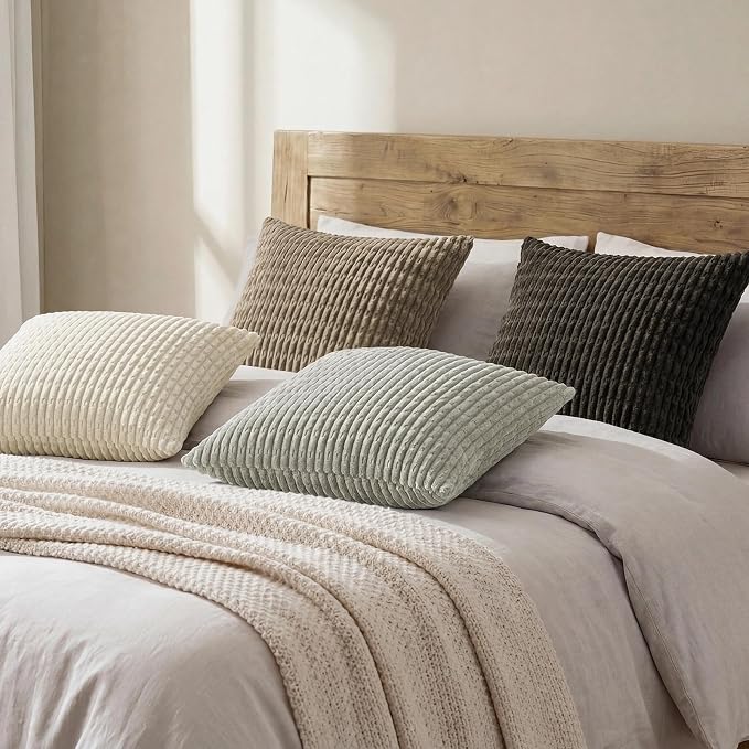 Softalker Throw Pillow Covers 20x20 Inch, Set of 4, Corduroy Soft Striped Farmhouse Boho Pillow Cover, Modern Decorative Cushion Pillow Case for Couch Sofa Bedroom Living Room, Grey/Brown