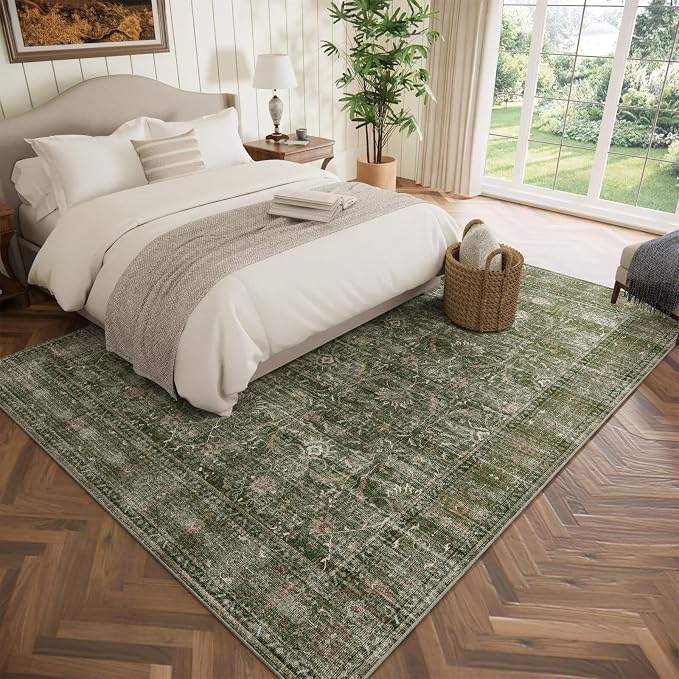 Boho Washable 5x7 Area Rugs for Living Room, Cushioned, Grass Green | Vintage Non-slip Rugs for Bedroom Dining Room Nursery Office, 0.3" Neutral Oriental Throw Thin Carpet, Grass Green/Multi
