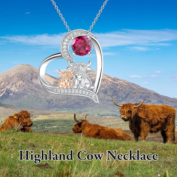 Highland Cow Gifts for Women 925 Sterling Silver Highland Cow Birthstone Necklace Fluffy Cow Jewelry Gifts Birthday Christmas