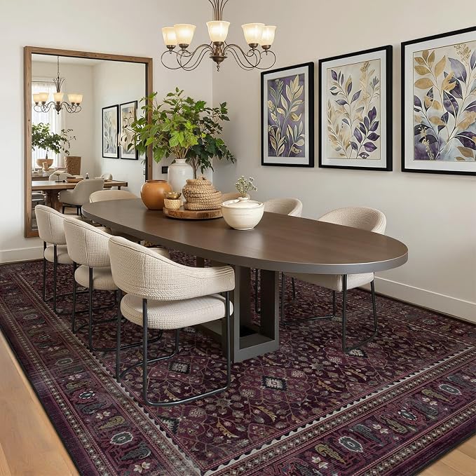 Fig Area Rugs for Living Room 6x9, Earth Tone Dark Academia Dining Room Rugs for Under Table, Washable Non Slip Low Plie Carpet Rug for Bedroom Home Office, Vintage Boho Floral Trellis