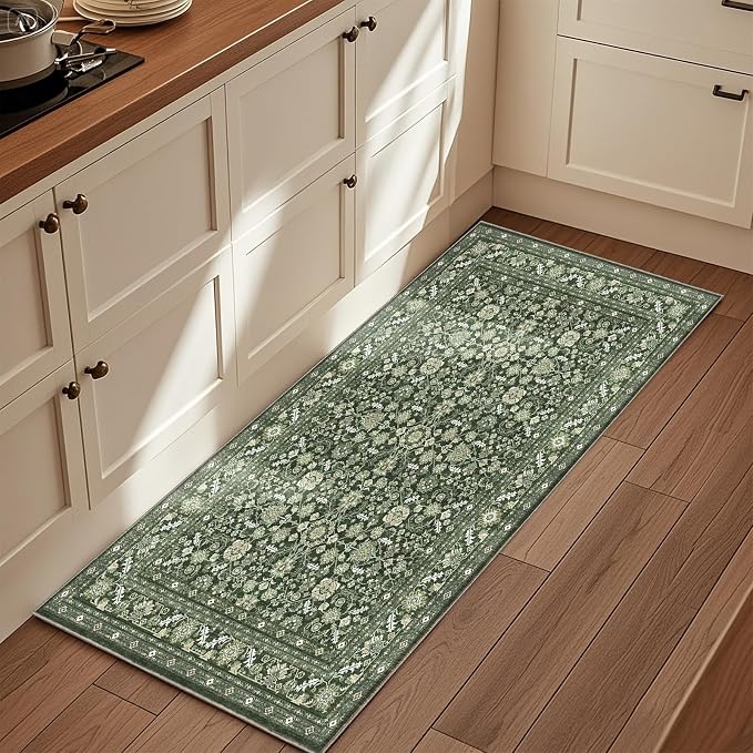 OPPODREAM Low-Pile Area Rugs, Faux Wool Carpet for Living Room, Kitchen, Office, Dorm, Bedroom, Vintage Washable Rug Non Slip, Dark Green, 2'x8'