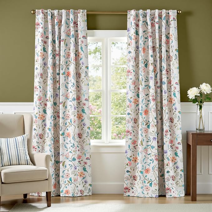 jinchan Beige Floral Blackout Curtains 84 Inch Back Tab 2 Panels Set | Room darkening, cream elegant vintage farmhouse drapes, botanical floral print, bedroom, living room, window treatment