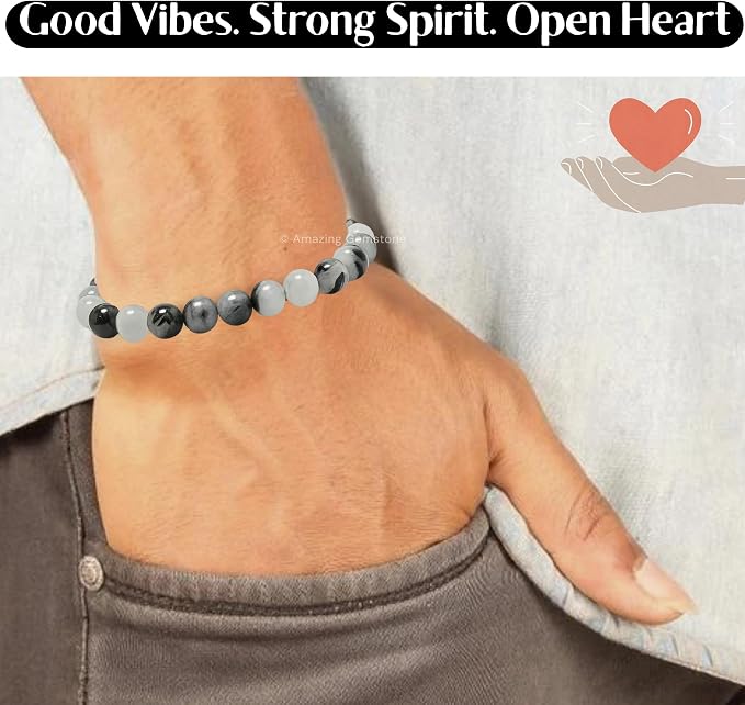 Amazing Gemstone Black Rutilated Quartz Bracelet for Women Men's Gifts - Protection Healing Crystal Bracelet - 8mm Gemstone Beaded Adjustable Bracelet Pulseras para Hombres Mujer Stocking Stuffers