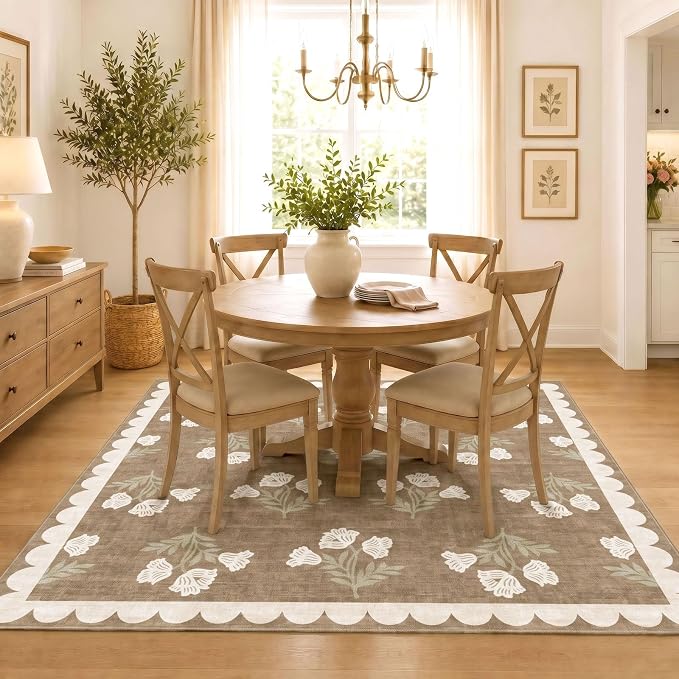 Tan Square Rugs 6ft - Soft Washable Boho Farmhouse Living Room Rug 6x6 Stain Resistant Dining Room Rugs for Under Table Cottage Floral Scalloped Area Rug for Bedroom Nursery Twin Beds Room