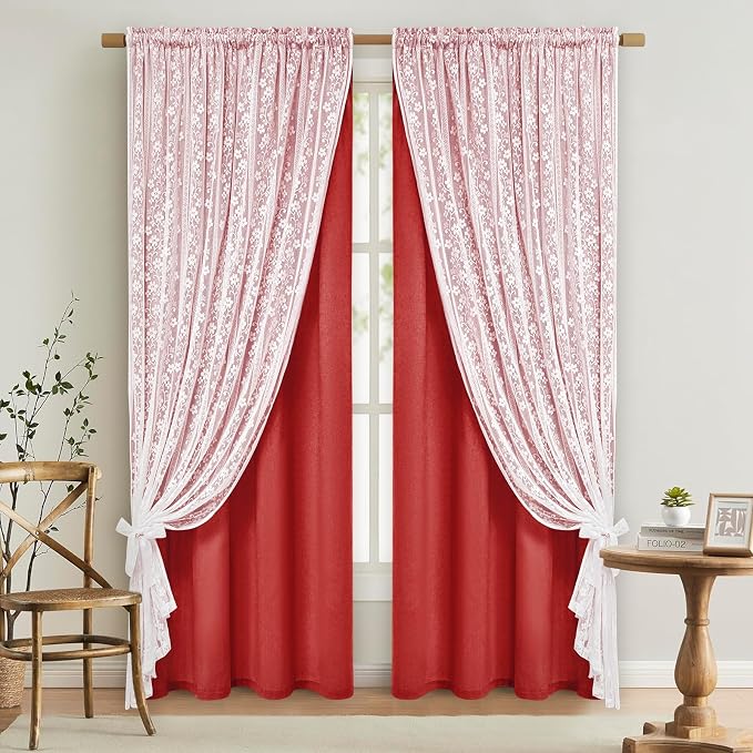 ASPMIZ Linen Curtains for Living Room Double Layers Curtains for Bedroom Farmhouse Window Curtain with Linen Lace, Red Curtain 84 Inch Length 2 Panels Set, Rod Pocket Drapes with 2 Tiebacks, 52x84