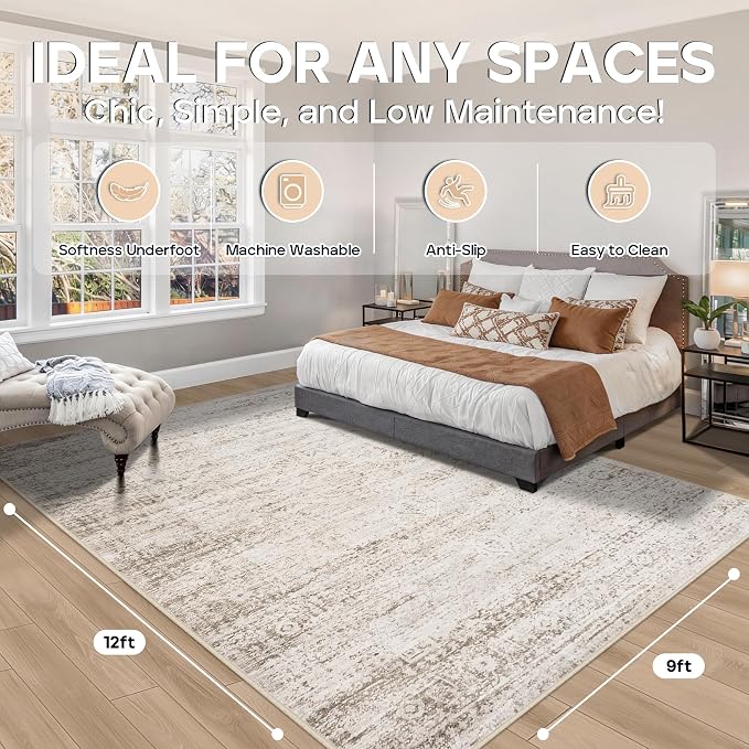 9x12 Area Rugs for Living Room Rug Washable: Modern Large Rug for Dining Room Bedroom Carpet Non Slip 9 by 12 Indoor Abstract Nursery Home Office Beige Ivory