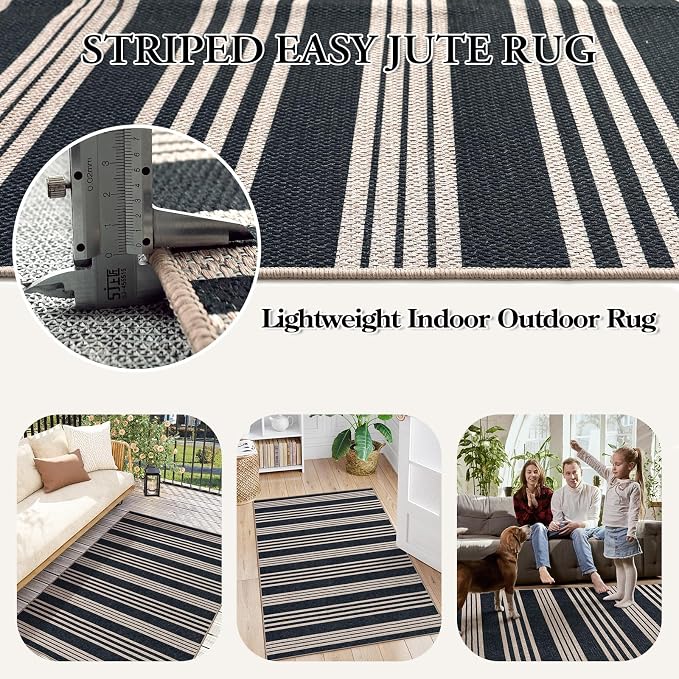 Lahome Striped Easy Jute 3x5 Outdoor Patio Rug, Washable Porch Entry Rugs | Indoor Black Area Rugs for Living Room, Modern Farmhouse Neutral Door Mat, Non Slip Carpet for Backyard Bedroom Kitchen