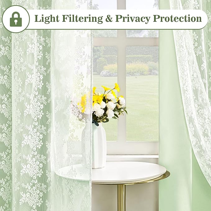 Yinhua Double Layer Blackout Curtains for Bedroom Green Curtains for Living Room 63 Inch Length 2 Panels Set Kid Curtain with Tiebacks, Grommet Drapes with Floral Sheer Overlay, 52" W x 63" L