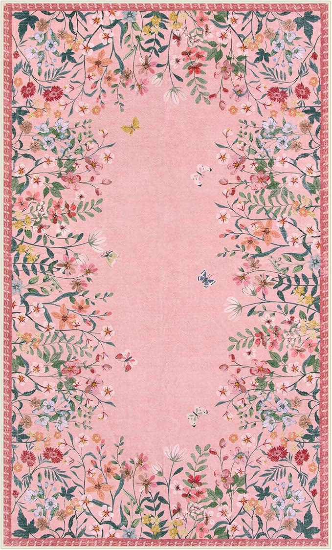 Wonnitar 4x6 Washable Area Rug, Pink Rug for Girls Bedroom, Boho Floral Nursery Rug, Non Slip Accent Carpet for Kids Room, Farmhouse Flower Dorm Vanity Indoor Decor (4x6 Pink)