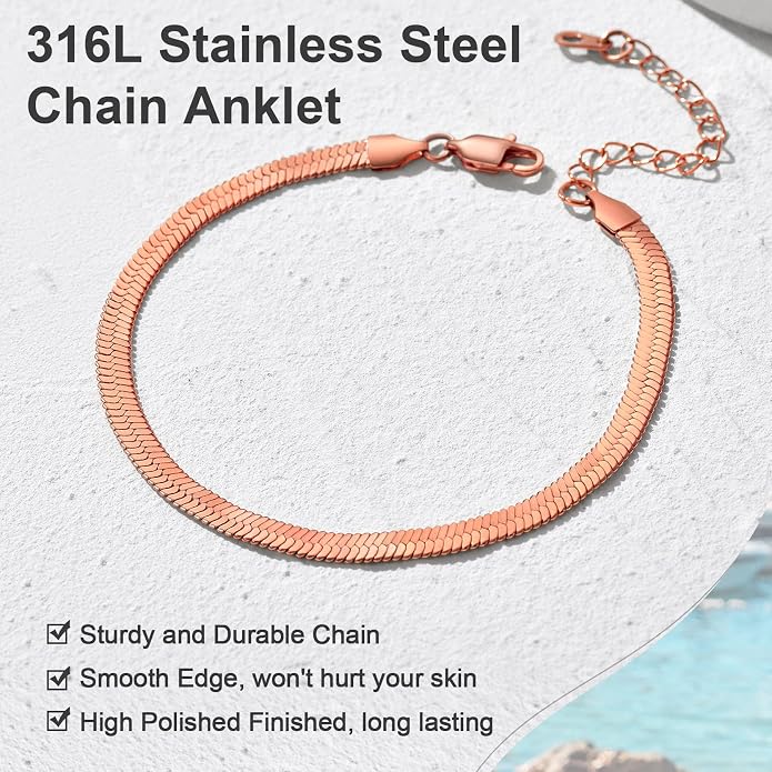 GoldChic Adjustbale Link Chain Anklet for Women Summer Jewelry, 316L Stainless Steel Figaro/Wheat/Twist Rope/Cuban Foot Bracelet-Waterproof, Resizable 9"-12" (Gift Box Included)