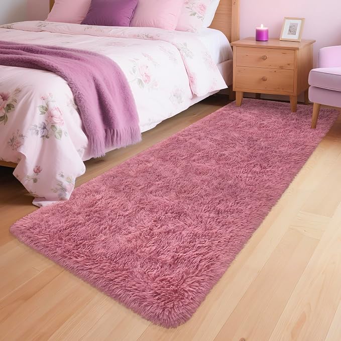 Soft Runner Rug for Bedroom Living Room, 2x6 ft Fluffy Blush Pink Rug for Bedroom Girls Room, Washable Girls Fuzzy Rugs for Kids Room Bedside Nursery Dorm Pink Shag Carpet Runner for Hallway