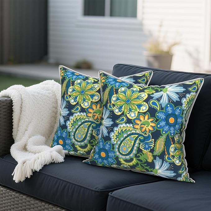 Outdoor Throw Pillows Inners, Fade Resistant Patio Furniture Square Pillows with Piping Set of 2 for Patio Furniture, 18x18 Inch, Wonder Garden