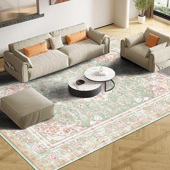 Vhong Washable Area Rugs Boho Vintage Modern Neutral Large Carpet Green and Pink High Traffic Rugs 8×10 for Dinning Room Living Room Bedroom Farmhouse Non Slip