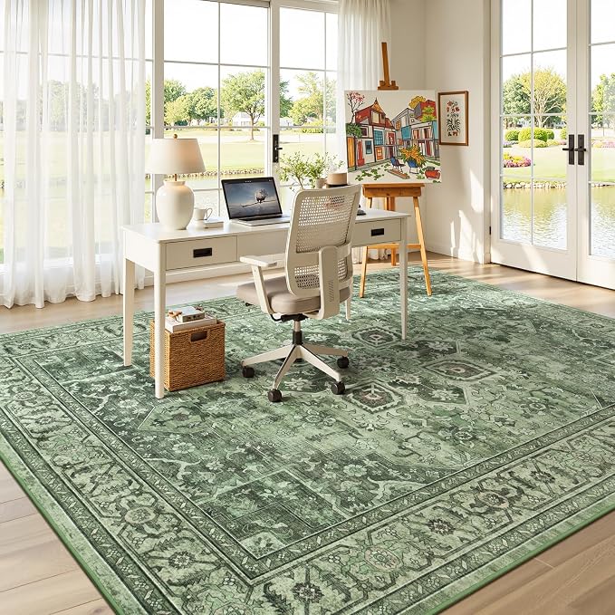 Sage Green 9x12 Vintage Boho Rug for Living Room - Washable Dining Room Rugs Under Table, Soft Low Pile Floral Moss Green Carpet for Bedroom, Non-Slip Bohemian Large Rug for High Traffic Area