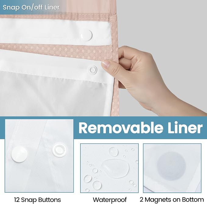 EUTXL Heavyweight Blush Pink Long No Hook Shower Curtain with Snap in Liner,256GSM Waffle Weave Shower Curtains for Bathroom,71W x 86H