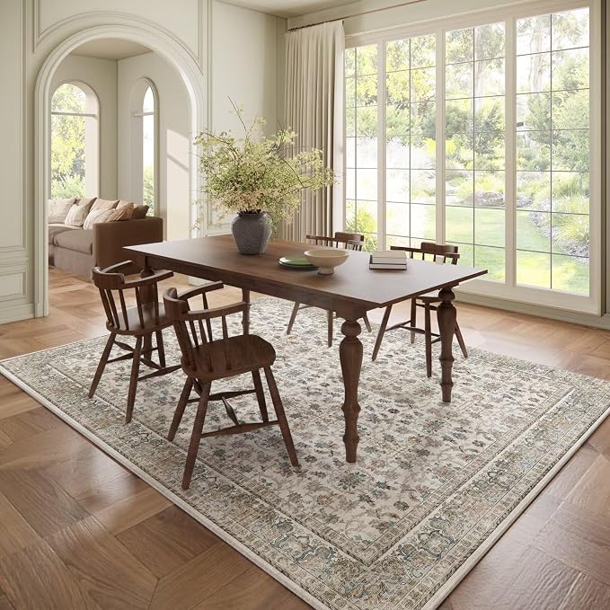 Boho Washable 6x9 Area Rugs for Living Room, Cushioned, Cream/Blue | Vintage Non-slip Neutral Oriental Rugs for Bedroom Dining Room Nursery Office High Traffic Area