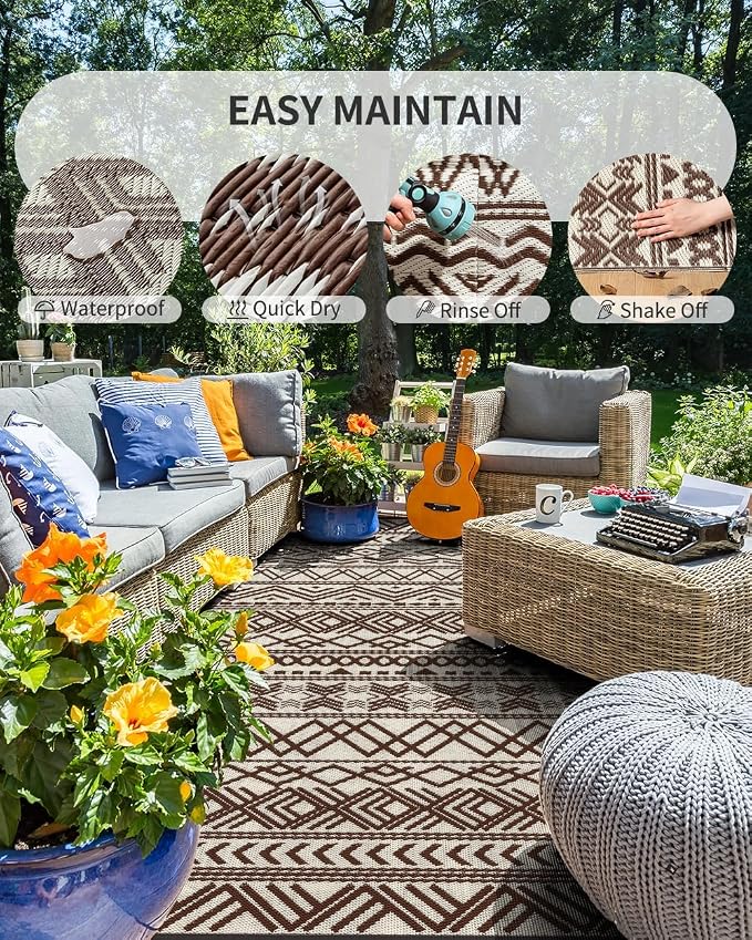MontVoo Outdoor Rug 8x10 Waterproof Outdoor Patio Rug Mat Reverisble Plastic Straw Outdoor Rug for RV Camping Picnic Beach Balcony Boho Beige Brown