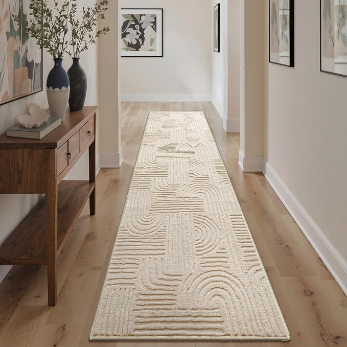 GENIMO Soft 2x10 Washable Runner Rug Non Slip, 3D Modern Arch Pattern Hallway Runner, High-Low Pile Textured Non Slip Fuzzy Carpet, Non-Shedding Stain Resistant Beige Rugs for Entryway Bedroom Laundry