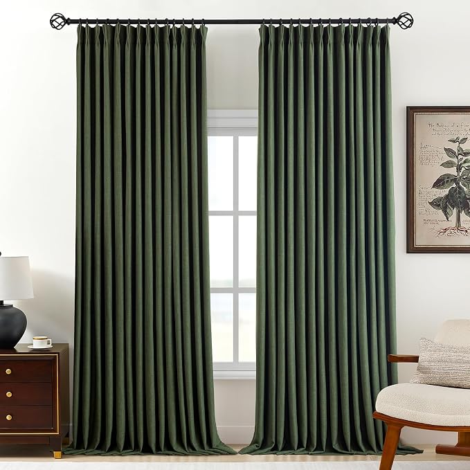 Pinch Pleated Curtains 100% Blackout Linen Curtains 108 Inches Long for Bedroom Living Room, Olive Green Memory Trained Thermal Insulated Room Darkening Window Drapes with Hooks 2 Panels 40"Wx108"L