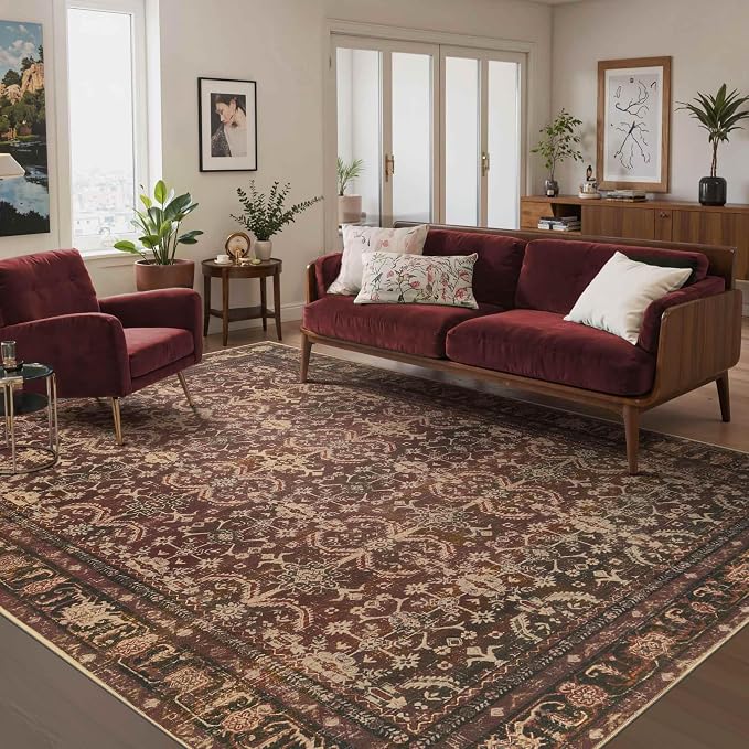 Rugxara Red 6x9 Area Rugs Washable Rug for Living Room Dining Room Bedroom | Non Slip, Oriental Rug for Office Farmhouse Kids Room, Stain Resistant, Soft, Low Pile, Vintage Boho Floral Retro Carpet