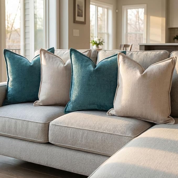 20x20 Inches Throw Pillow Covers Set of 4 Soft Textured Chenille Decorative Cushion Cases for Couch Sofa Bed Modern Farmhouse Neutral Accent Covers with Hidden Zipper Beige Green