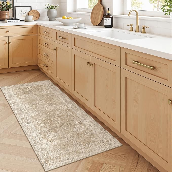 Madane 2x4 Washable Rugs for Entryway, Low Pile Non-Slip Area Rug Kitchen Door Mat, Vintage Soft Throw Neutral Rug Floor Mat for Indoor Front Entrance Bathroom Hallway (2 x 4, Beige/Brown)