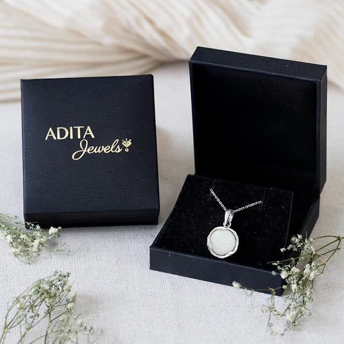 ADITA GOLD 925 Sterling Silver White Opal Necklace, Dainty 12mm Round Gemstone Pendant, October Birthstone Bridal Wedding Jewelry, Handmade Vintage Statement Jewel for Classy Brides and Women