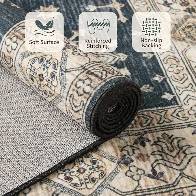 Rugxara Black 8x10 Area Rugs for Living Room Bedroom Large Washable Rug | Non Slip, Rug for Dining Room Office Kids Room, Stain Resistant, Soft, Low Pile, Vintage Boho Retro Carpet,Home Decor