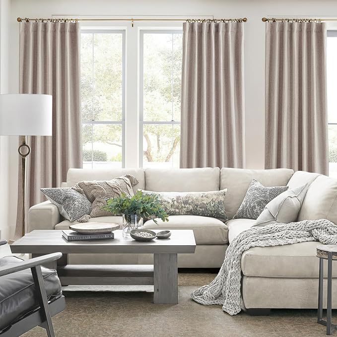 Dining Room Long Curtains 112 Inches Set of 2,Custom 100 Inch Wide (2 x 50")Linen Living Room Drapes Tall 100% Blackout Curtain for Sliding Glass Door Tan Beige Back Tab/Rings/Hooks (50"Wx112"L,Linen)