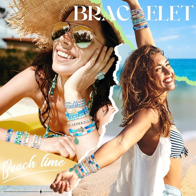 Landical 64 Pieces Summer Beach Bracelet Bulk Surfer Beaded Bracelets Stackable Clay shell Seashell Starfish Friendship Party Favor Pack Jewelry Outfits for Women Goody Bag Fillers