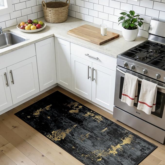 RELEANY Washable Area Rugs 2'x5' Non-Slip Modern Abstract Soft for Living Room Entryway Bedroom Kitchen, Print Pattern, Dark Black Gold