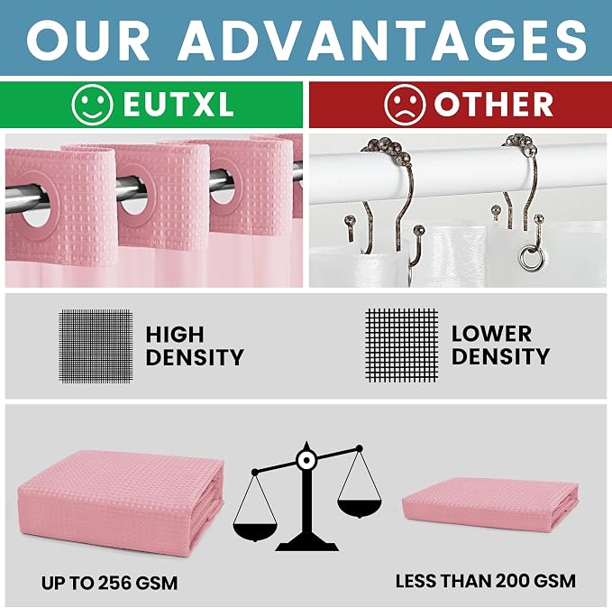 EUTXL 256GSM Heavyweight Shower Curtain with Liner - Waffle Textured Heavy Duty Shower Curtains for Bathroom,71W x 74H,Pink