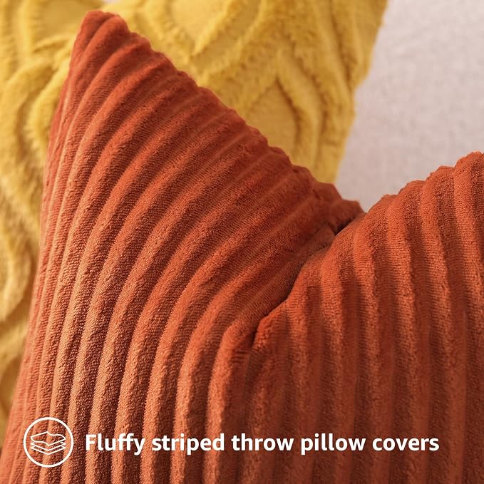 decorUhome Flannel Beige Rust Throw Pillow Covers 20X20 Set of 4 | Decorative Fall Soft Fluffy Striped Double-Sided Couch Pillow Covers, Modern Farmhouse Pillow Cases for Sofa bed Home Decor