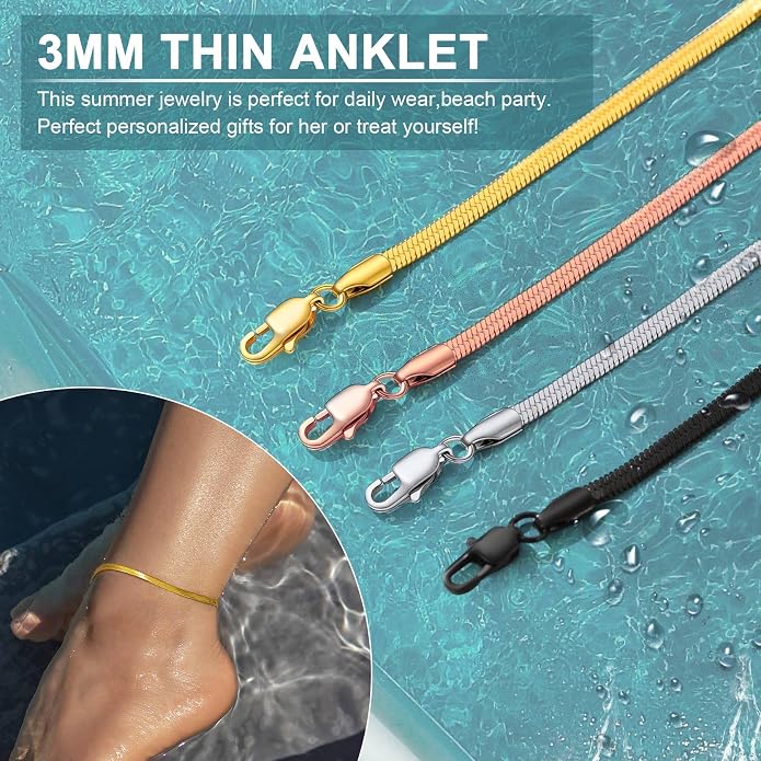GoldChic Adjustbale Link Chain Anklet for Women Summer Jewelry, 316L Stainless Steel Figaro/Wheat/Twist Rope/Cuban Foot Bracelet-Waterproof, Resizable 9"-12" (Gift Box Included)