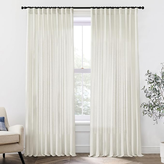 Extra Wide Curtains 70 In Width for 60 & 72 Inch Window,Pleated Back Tab Linen Semi Sheer Full Length Curtains for Living Room Sliding Glass Door 2 Panel Set,72x96,70x96,6FT x 96 Inches Long,Cream