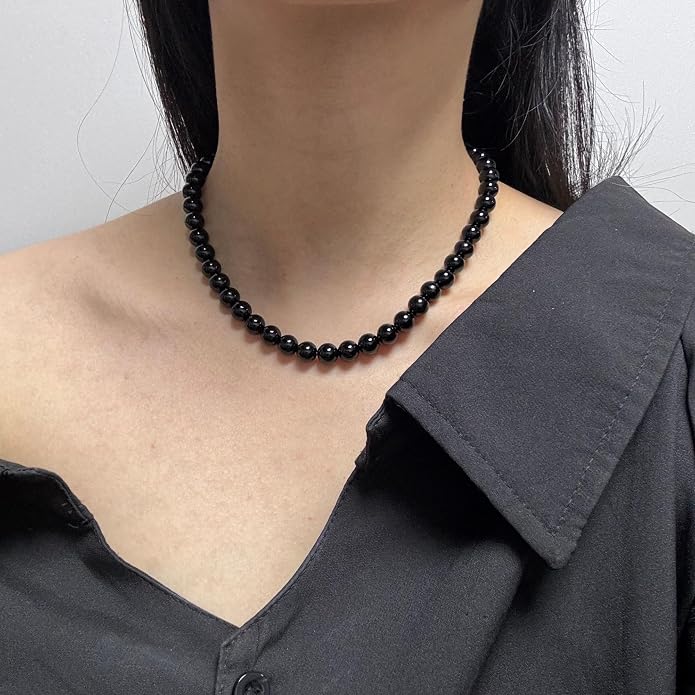 Kakikaki Natural Agate Choker Necklace Sterling Silver Round Beads Strand Necklace for Women