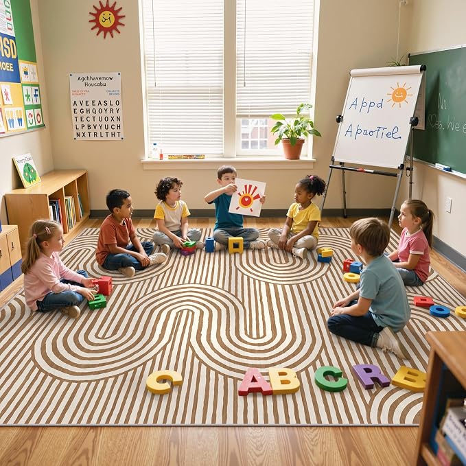 Lahome Modern Washable Rugs 8x10, Khaki Bedroom Rug Kids Rugs for Playroom | Non Slip Soft,Play Room Backing Accent Ultra-Thin Carpet for Nursery Dining Room Classroom Alba