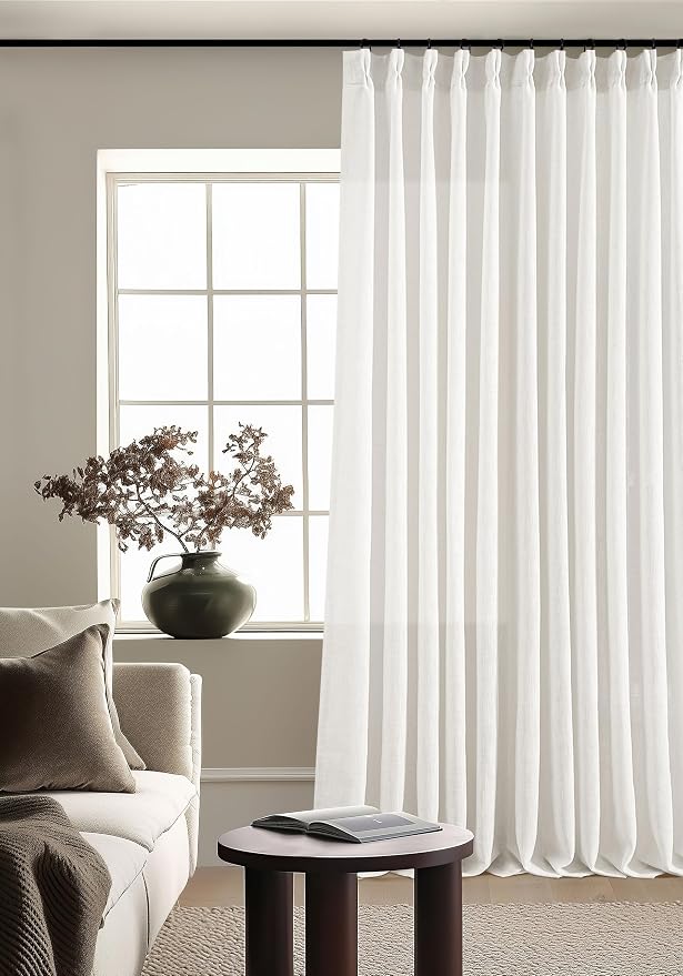 TWODRAPES Extra Wide Linen Curtains 102 Inches Long 70 Inch Wide for Living Room Bedroom Light Filtering Beige Off White Pinch Pleated Curtains Hooks Rings Back Tab for Sliding Door 1 Panel 70Wx102L