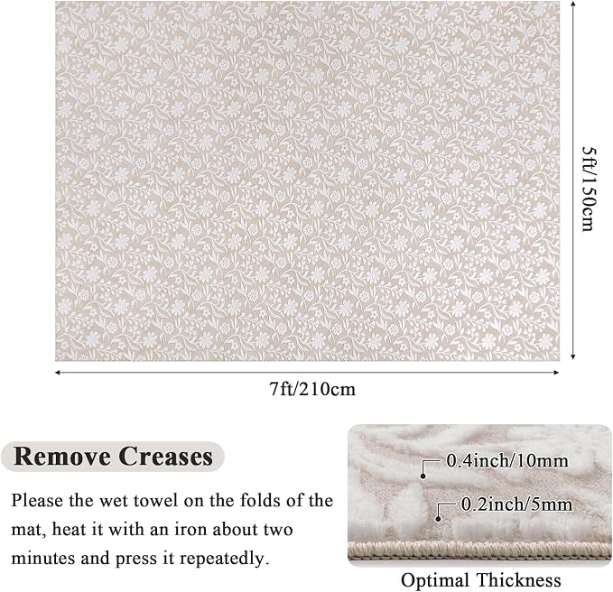 Vaukki 5x7 Area Rug for Living Room, Soft Fluffy Washable Modern Floral Indoor Floor Mat, Non Slip Shaggy Boho Accent Throw Carpet for Bedroom, Living Room, Nursery and Dining Room, Beige and White