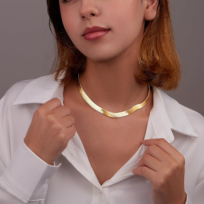 WomenGifts 14K Gold Silver Plated Herringbone Necklace for Women, Dainty Snake Chain Choker, Trendy Simple Long Layered Jewelry Non Tarnish, 3/4/5/8mm,14,16,18,20,22,24,26 Inch Thin & Chunky Options