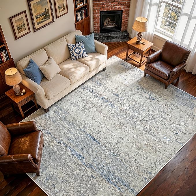 Washable Rugs 9x12 Area Rug for Living Room- Modern Abstract Rugs for Bedroom,Dining Room, Large Soft Low Pile Carpet with Non Slip Rubber Backing,Neutral Accent Rug for Nursery Home Office