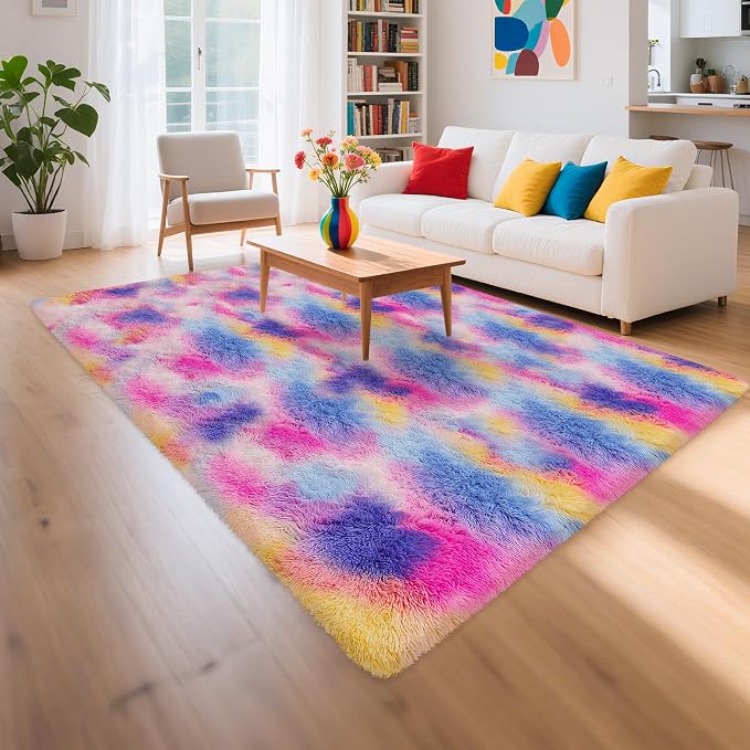 Rainbow Area Rugs 5x8 ft,Tie-Dyed Unicorn Fluffy Fuzzy Shaggy Carpet Soft Plush Furry Rug,for Bedroom Living Room Indoor Floor Rug Kids Girls Boys Home Decor Aesthetic, Dorm Nursery