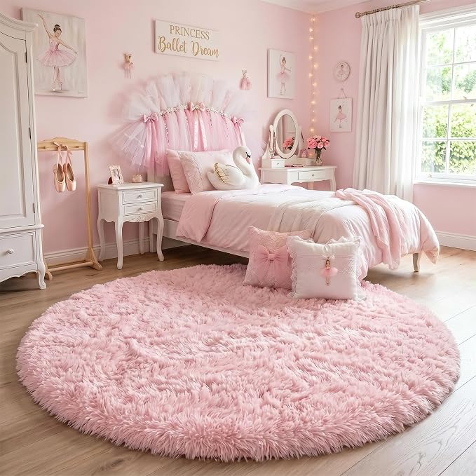 Amdrebio Pink Circle Round Fluffy Area Rug 4Ft for Girls Bedroom Kids Room | Fuzzy Shag Plush Furry Carpet, Nursery Classroom Dorm Office Playroom Decor, Cute Princess Aesthetic, Baby Toddler Corner